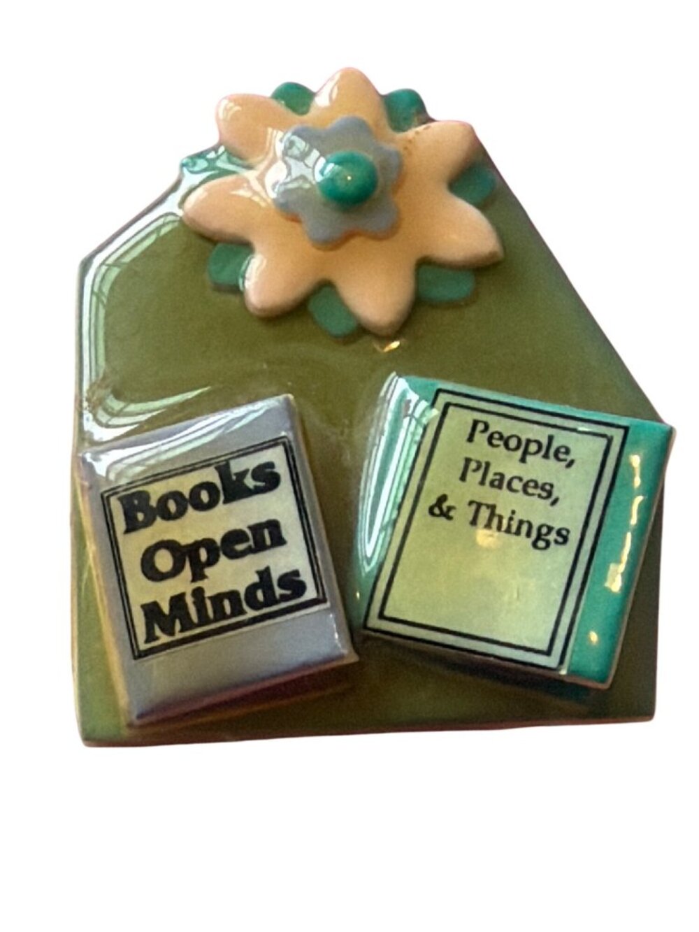 Vintage Lucinda Pin Brooch Books Open Minds Flower Green 2.25" x 1.75" Estate